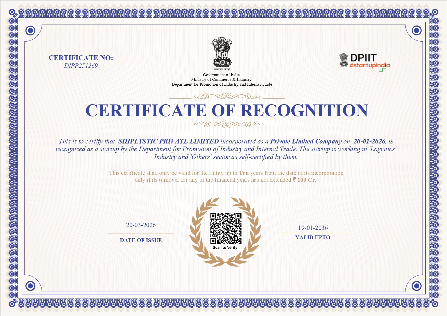 DPIIT Recognised Startup — Shiplystic Certificate