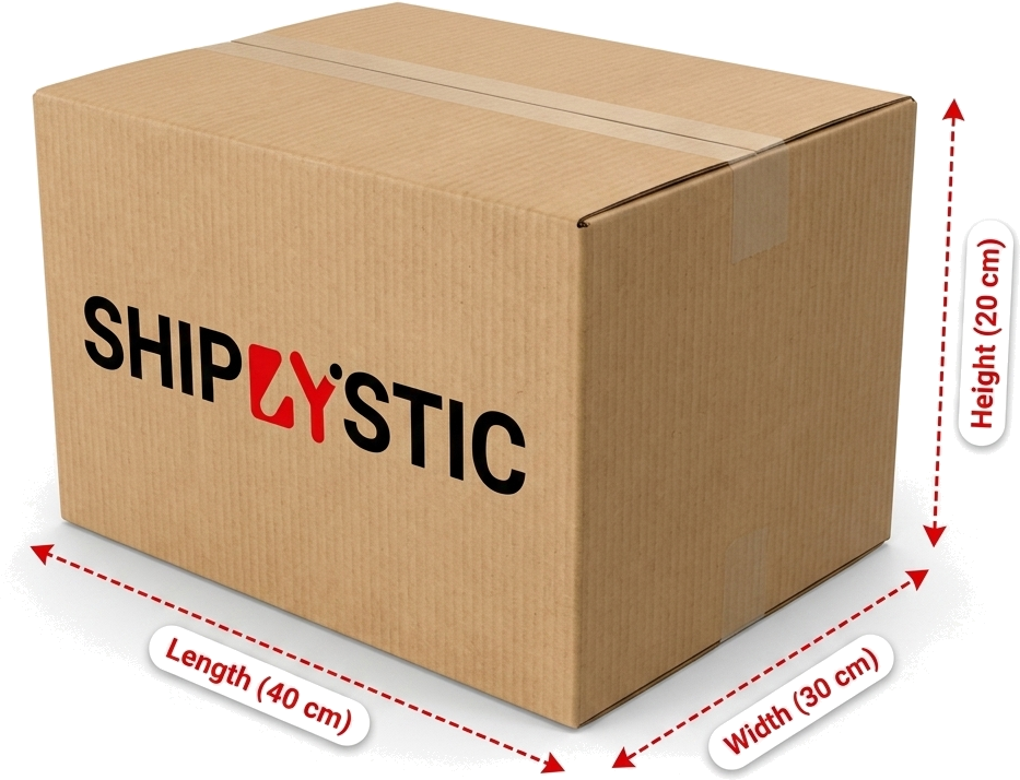 3D Realistic Shiplystic Package Dimensions - Length 40cm, Width 30cm, Height 20cm
