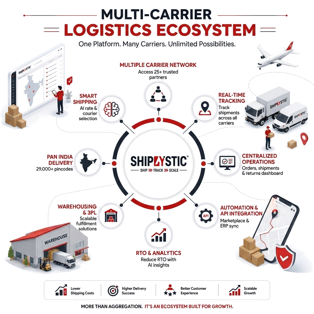 Shiplystic Multi-Carrier Logistics Ecosystem Infographic